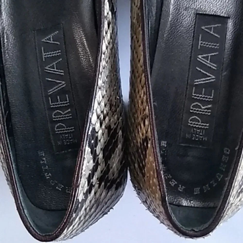 Prevata Snakeskin Heels Brown Cream Genuine Snakeskin, Size 9.5 US‎